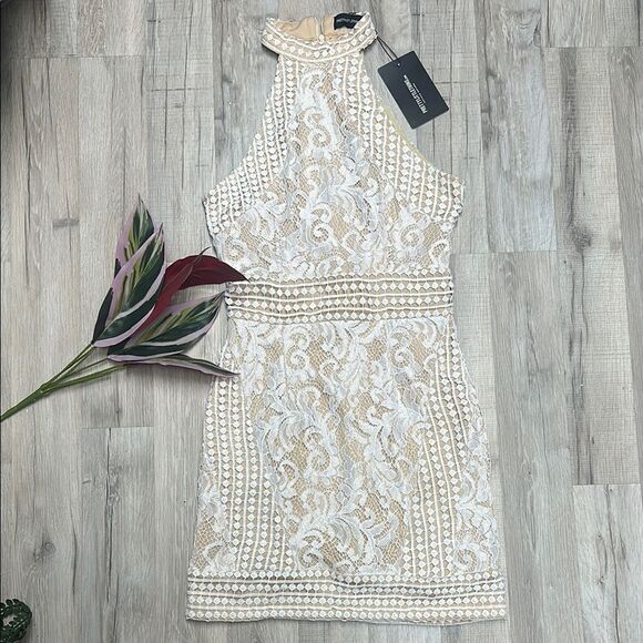 Elegant Lace Halter Dress - White and Beige - Picture 1 of 2